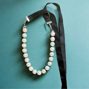 Vintage Pearl Necklace with Black Ribbon Tie Elegant Statement Jewelry Choker